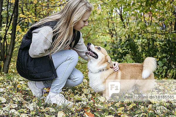 Blond woman stroking dog in autumn forest