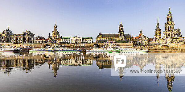 Germany  Saxony  Dresden  Panoramic view of boats moored in front of Bruhls Terrace