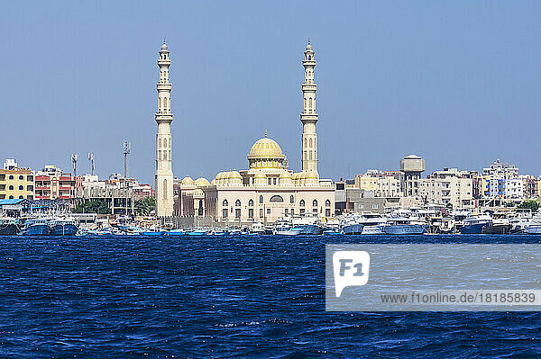 Egypt  Red Sea Governorate  Hurghada  View of coastal city with mosque in background