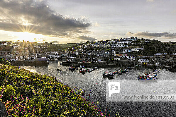UK  England  Mevagissey  View of bay and surrounding village at sunset
