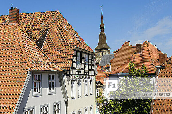 Germany  Lower Saxony  Osnabruck  Old town houses with bell tower of Saint Marys Church in background
