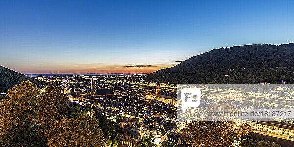 Deutschland  Baden-Württemberg  Heidelberg  Panoramablick auf die beleuchtete Altstadt in der Abenddämmerung