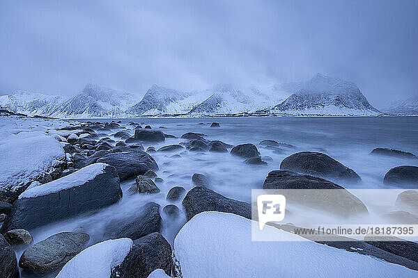 Norway  Troms og Finnmark  Snow-covered boulders at Tungenest Rasteplass