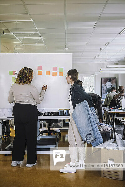 Junge Modedesignerinnen kommunizieren beim Schreiben am Whiteboard in einem Workshop