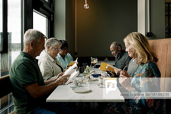 Ältere männliche und weibliche Freunde lesen Bücher  während sie zusammen in einem Café sitzen