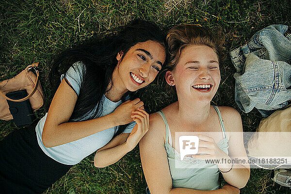 Hohe Winkel Ansicht fröhlich von weiblichen Freunden liegen auf Gras