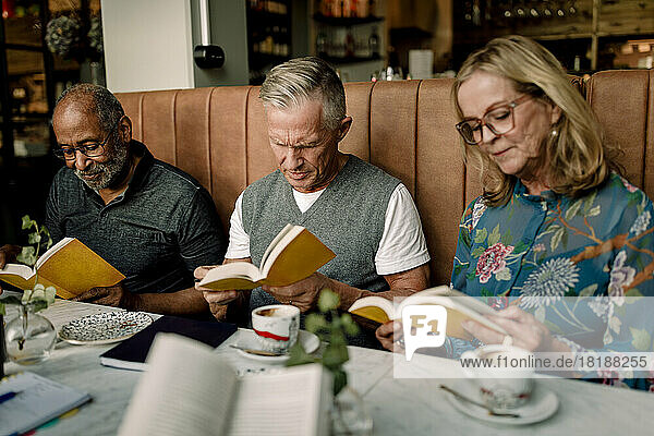 Ältere Männer und Frauen lesen Bücher  während sie in einem Cafe sitzen