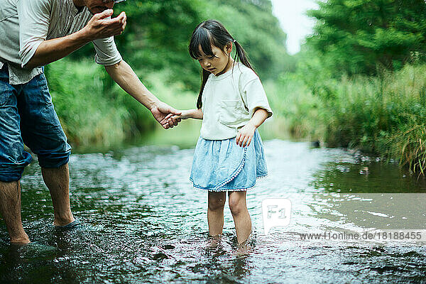 Japanese kid with her father at city park