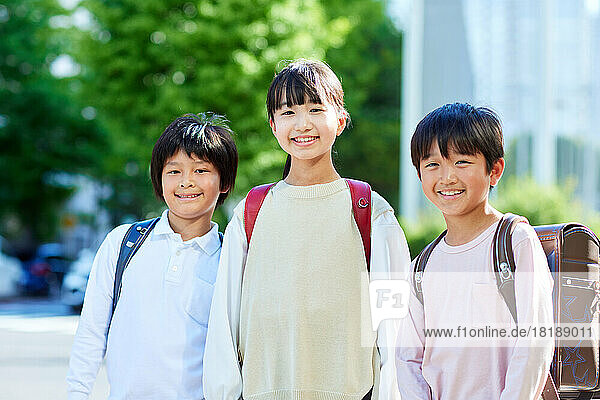 Japanese elementary school kids outside