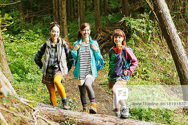 Three girls hiking in the mountains