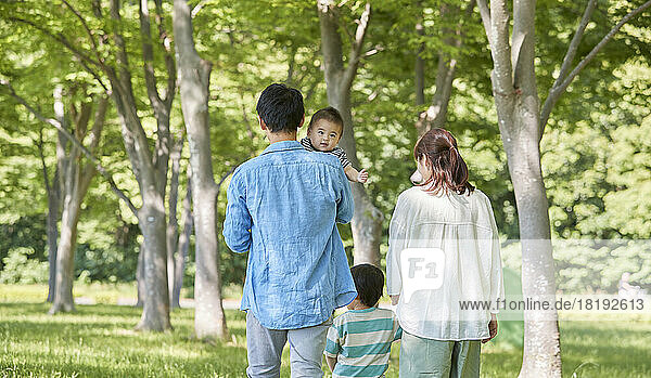 Japanese family walking in fresh greenery