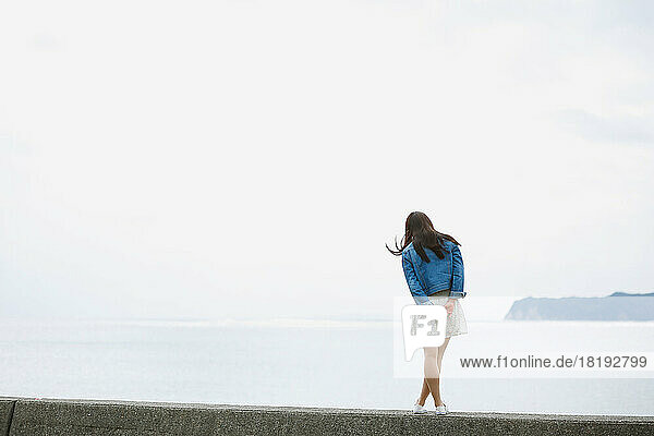 Young Japanese woman standing on the sea barrier
