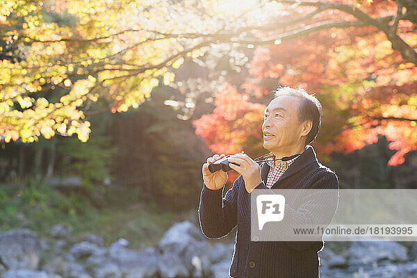 Senior Japanese man traveling in the autumn leaves season