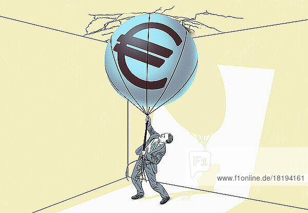 Geschäftsmann kämpft  um einen inflationären Euro-Ballon zurückzuhalten