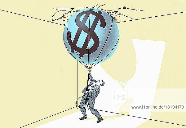 Geschäftsmann kämpft  um einen inflationären Dollar-Ballon zurückzuhalten