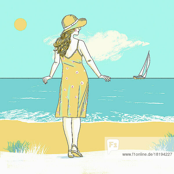 Frau im Sommerkleid lehnt am Horizont und schaut aufs Meer hinaus