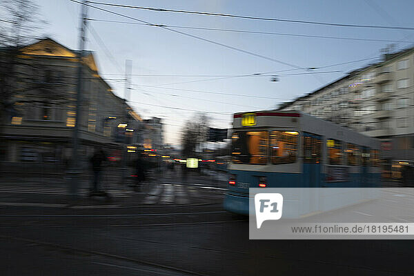 Long exposure of tram in city
