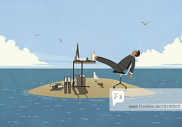 Müder Geschäftsmann träumt am Schreibtisch auf einer Insel im Meer