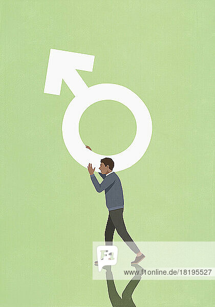 Man carrying male gender symbol against green background