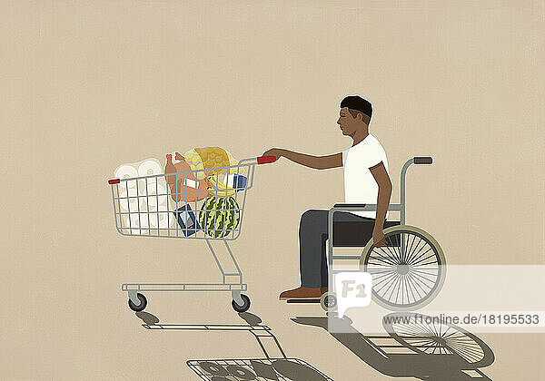 Mann im Rollstuhl beim Lebensmitteleinkauf mit Einkaufswagen