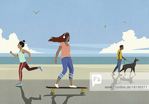 People skateboarding  jogging and walking dog on beach boardwalk