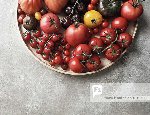 Still life variety tomatoes on tray