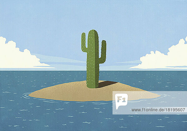 Kaktus wächst auf einer abgelegenen Insel im Ozean