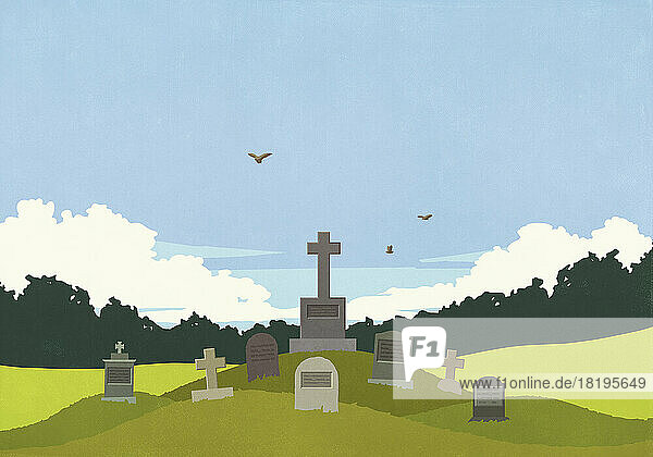 Vögel fliegen über Friedhofsgrabsteine