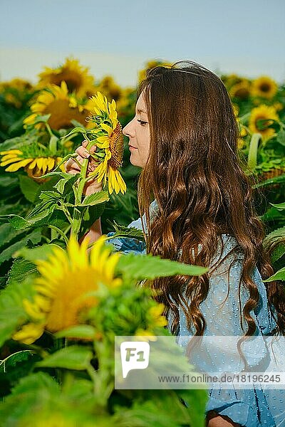 Frau beugt sich zur Sonnenblume  berührt den Stiel und riecht den Duft