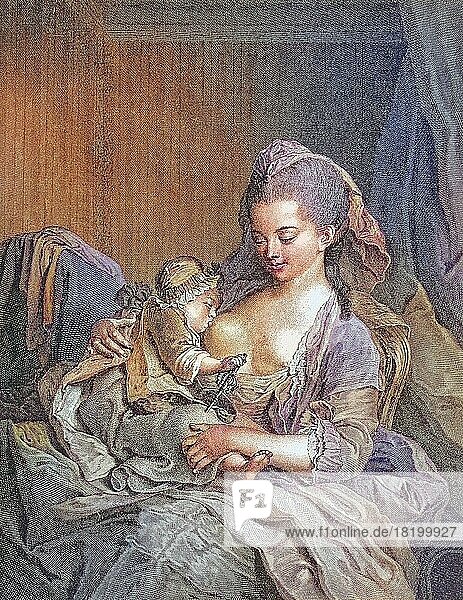 Woman suckling her baby  French copper engraving by Chavillet after a painting by Peters  picture shows the painter's woman  digitally restored reproduction of a 19th century original  exact original date not known