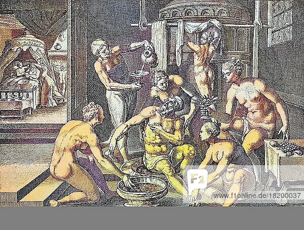 The Rejuvenation Cure. Copper engraving by Crispin de Passe  c. 1600  digitally restored reproduction of an original from the 19th century  exact original date unknown