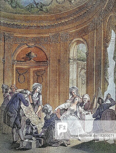 Die vornehme Dame bei ihrer Morgentoilette  Kupferstich von de Launay  um 1775  digital restaurierte Reproduktion einer Originalvorlage aus dem 19. Jahrhundert  genaues Originaldatum nicht bekannt
