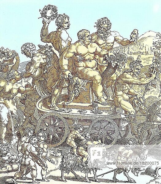 Zug des Weingott Bacchus  italienischer Kupferstich  18 Jahrhundert  digital restaurierte Reproduktion einer Originalvorlage aus dem 19. Jahrhundert  genaues Originaldatum nicht bekannt