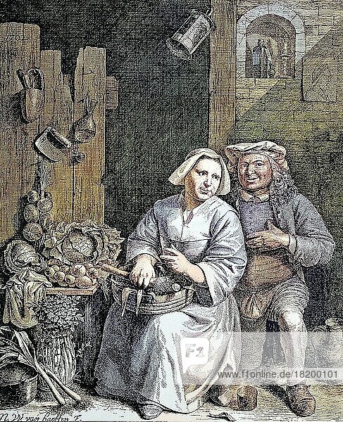 Verliebte Unterhaltung  holländischer Kupferstich von van Haeften  18. Jahrhundert  digital restaurierte Reproduktion einer Originalvorlage aus dem 19. Jahrhundert  genaues Originaldatum nicht bekannt