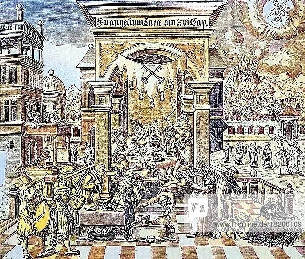 Karikatur auf das ausschweifende Leben am päpstlichen Hofe. Deutscher Kupferstich aus dem 16. Jahrhundert  digital restaurierte Reproduktion einer Originalvorlage aus dem 19. Jahrhundert  genaues Originaldatum nicht bekannt