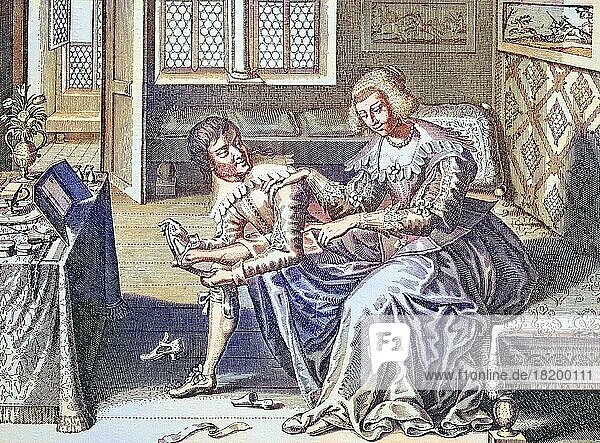 Die galante Edeldame  der jugendliche Liebhaber zieht ihr den Schuh an  Kupferstich von Jakob Heyden  1636  digital restaurierte Reproduktion einer Originalvorlage aus dem 19. Jahrhundert  genaues Originaldatum nicht bekannt