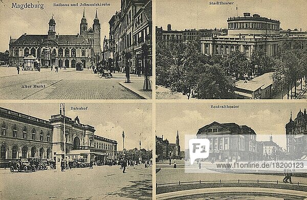 Magdeburg  city hall  city theatre  railway station and central theatre  Saxony-Anhalt  Germany  view circa 1910  digital reproduction of a historical postcard  public domain  from that time  exact date unknown  Europe