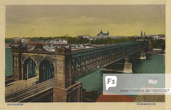 Rheinbrücke in Mannheim  Baden-Württemberg  Deutschland  Ansicht um ca 1910  digitale Reproduktion einer historischen Postkarte  public domain  aus der damaligen Zeit  genaues Datum unbekannt  Europa