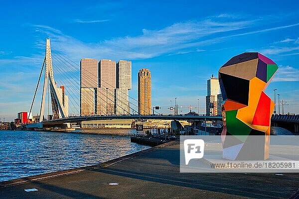ROTTERDAM  NIEDERLANDE  14. MAI 2017: Rotterdamer Stadtbild mit Erasmusbrücke über die Nieuwe Maas bei Sonnenuntergang. Niederlande