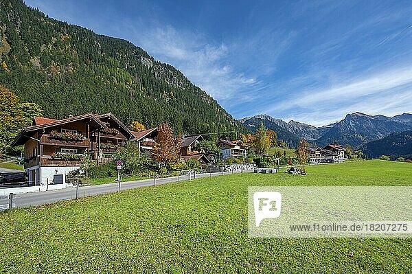 Herbstliches Ostrachtal  Bergkette  grüne Wiese und Holzhaus mit Blumenschmuck  Allgäu  Bayern  Deutschland  Europa