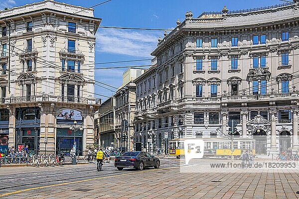 Piazza Cordusio with historic tramway  Milan  Lombardy  Northern Italy  Italy  Europe