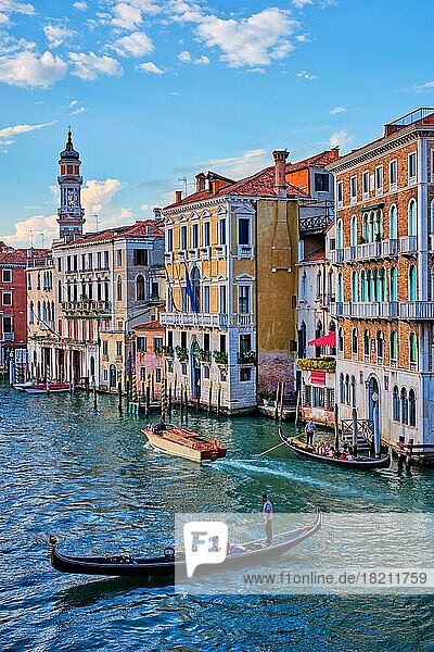 VENICE  ITALY  JUNE 27  2018: Grand Canal with boats and gondolas on sunset  Venice  Italy  Europe