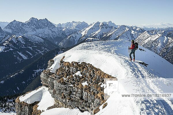Mountaineers in winter in the snow  Am Schafreuter  Karwendel Mountains  Alps in good weather  Bavaria  Germany  Europe