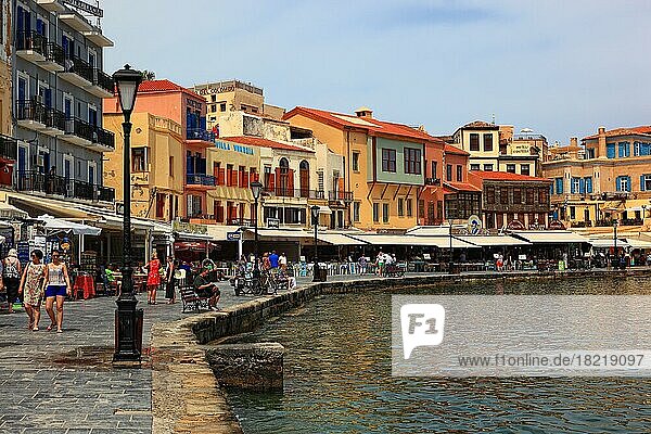 Harbour town of Chania  restaurants in the old town by the harbour  Crete  Greece  Europe
