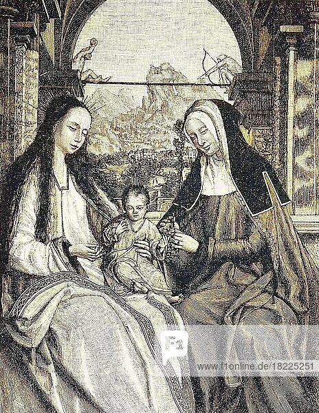 Maria mit dem Kind neben der heiligen Anna von Quentin Massys  1466-1530  Historisch  digital restaurierte Reproduktion einer Originalvorlage aus dem 19. Jahrhundert