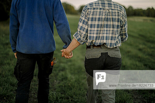 Paar hält sich an den Händen und geht bei Sonnenuntergang über ein Feld