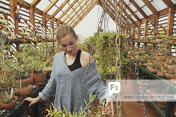 Teenage girl (16-17) looking at plants in greenhouse