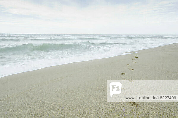 USA  Massachusetts  Cape Cod  Nantucket Island  Footprints on sandy beach by sea