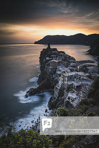 Vernazza tower at sunset in long expo