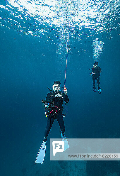 diver waiting at safety stop in the South Andaman Sea in Thailand